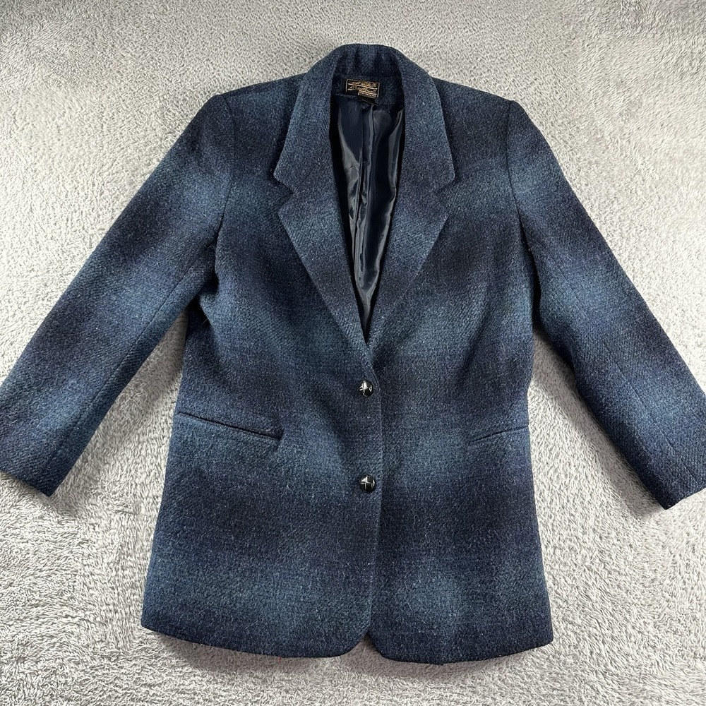VINTAGE Eddie Bauer Wool Blazer Jacket Womens Small / Medium Blue Plaid Tweed